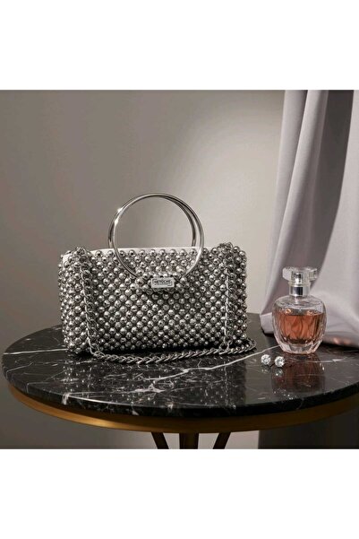 Metuche Accessories Gümüş Saplı Gümüş Kristal Boncuk Çanta