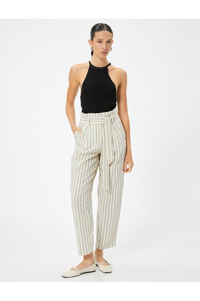 Koton Ψηλόμεσο λινό παντελόνι με μπαλόνι - Λεπτομερής ζώνη