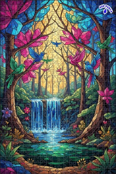 Teona Ahşap لغز خشبي مؤطر ذو طابقين بتصميم غابة الشلال والطيور والزجاج الملون...