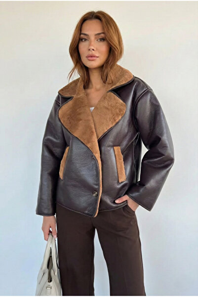azragül giyim Double-Breasted Plush Collar Coat
