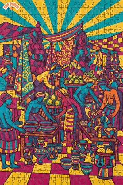 Teona Ahşap Colorful Market Scene Oil Painting Look Modern Double-Decker Fram...