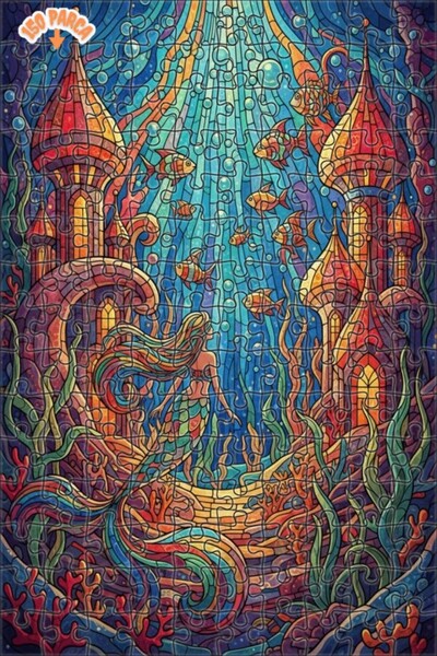 Teona Ahşap Mermaid Tale Colorful Mosaic Look Double Layer Framed Wooden Puzz...