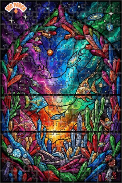 Teona Ahşap Dream World Crystal Fishes Colored Glass Double-Layered Framed Wo...