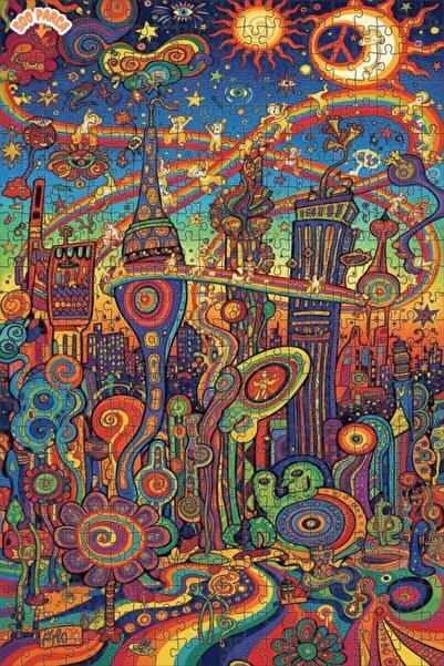 Teona Ahşap Psychedelic City Dream Double-Layered Framed Wooden Puzzle 500 Pi...