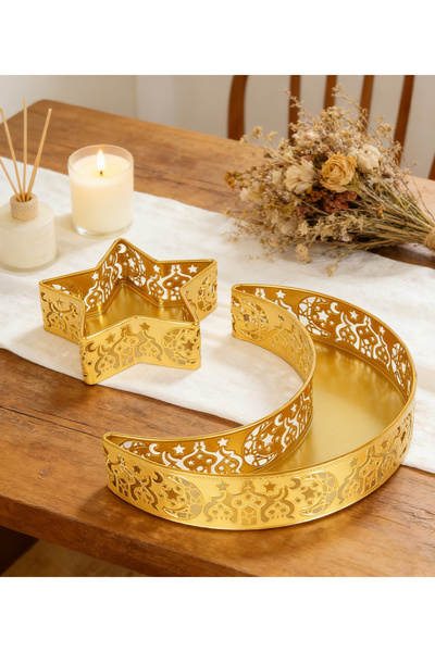 Yoawllty Ramadan Decoration, 2Pcs Gold Moon Star Ramadan Metal Trays for Rama...