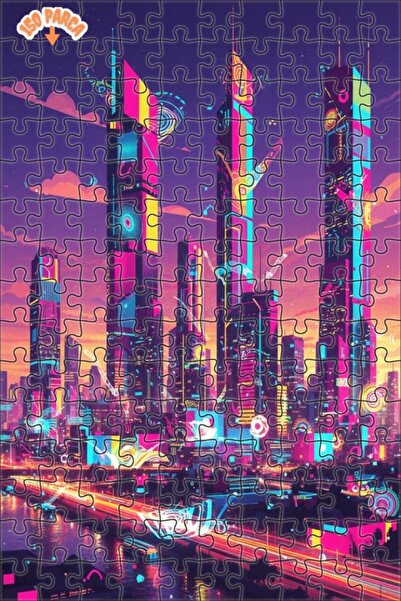 Teona Ahşap Neon Futuristic Cityscape Oil Painting Double-Layer Framed Wooden...