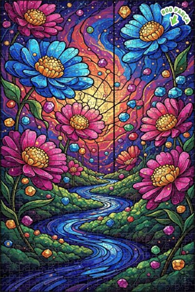 Teona Ahşap لغز خشبي بتصميم نهر الزهور السحري بمظهر فسيفساء زجاجي 800 قطعة 70x50