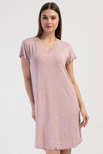 VİENETTA Women's Plus Size Viscose Nightgown Tunic Short Sleeve Dusty Rose C2...
