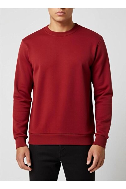 Bisiklet Yaka Bordo Basic Sweatshirt İki İplik