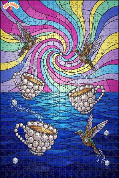 Teona Ahşap Magic Hummingbird Coffee Cup Art Double Layer Framed Wooden Puzzl...