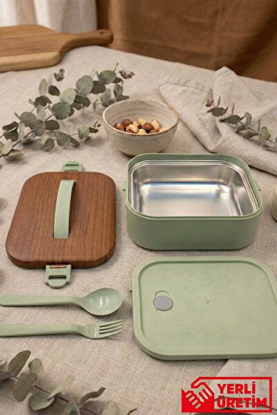 GUGGA Lunchee - Düz Çelik Kaseli Sızdırmaz Ahşap Görünümlü Vakum Kapaklı Yeme...
