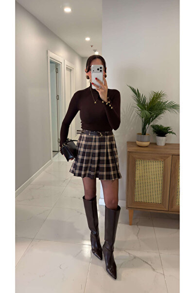 BİRCANÇİL Nuga Coffee Tartan Premium пола с двойна колана и плисета