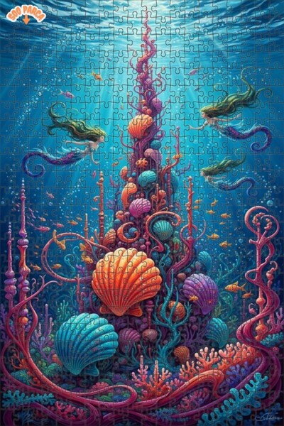 Teona Ahşap Magical Mermaid Kingdom Oil Painting Look Double Layer Framed Woo...