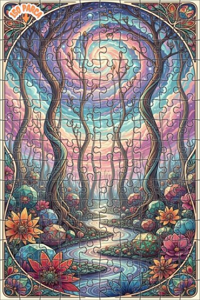 Teona Ahşap Mysterious Forest River Art Printed Double Layer Framed Wooden Pu...