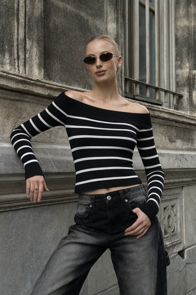 BEGBOR COLLECTİONS Black and White Striped Madonna Collar Knitwear Blouse