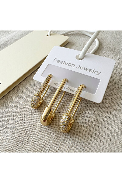 line33studio Çengelli İğne Detaylı Altın Sarısı 3lü Küpe Seti