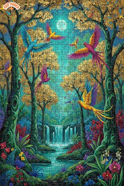 Teona Ahşap Magical Forest Birds Oil Painting Look Double-Decker Framed Woode...