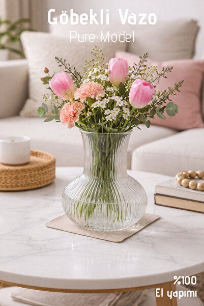 Nandy Home El Yapımı Cam, Pure Göbekli Model Vazo - Cam Vazo