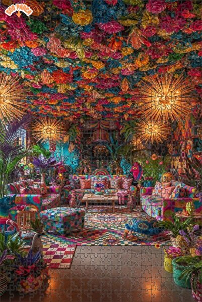 Teona Ahşap لغز خشبي لغرفة المعيشة بتصميم بوهيمي أنيق مع سقف مزين بالزهور الم...