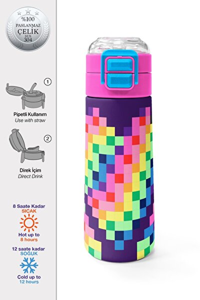 Coral High Kids Multi-Colored Pixel Heart Patterned Thermos with Straw and Di...