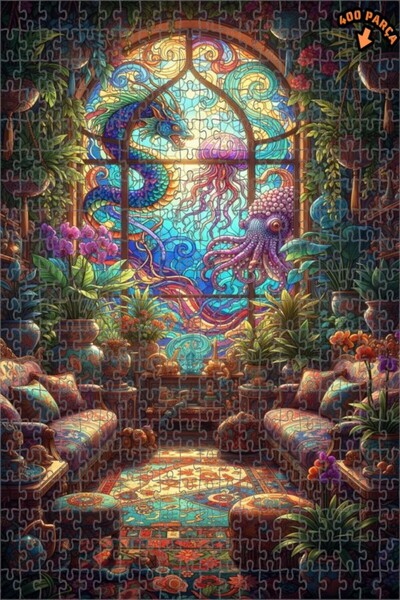 Teona Ahşap Fantastic Dragon and Octopus Stained Glass Art Double Layer Frame...