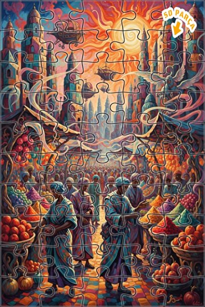 Teona Ahşap لغز خشبي بمظهر لوحة زيتية لسوق المدينة الخيالية 50 قطعة 15×25