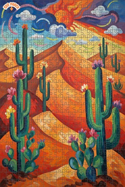 Teona Ahşap Desert Beauty Cacti Oil Painting Lookalike Double-Layer Framed Wo...