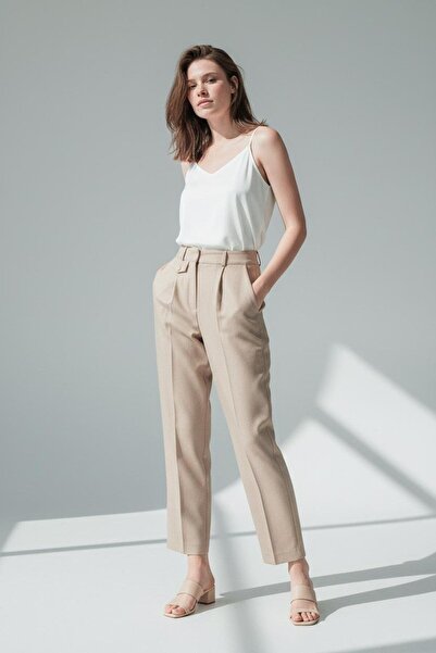 Madmext Beige Pleated Detailed Capped Straight-Leg Fabric Trousers Mg2642