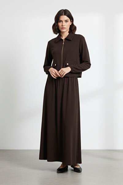Puane Zippered Jacket and Elastic Waist Skirt Set – 14436 - Brown