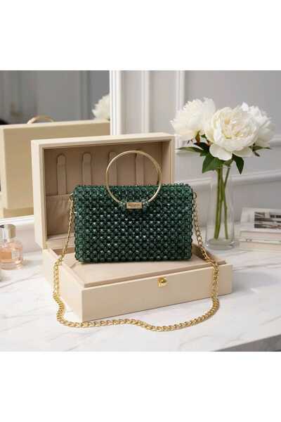 Metuche Accessories Gold Saplı Yeşil Kristal Boncuk Çanta