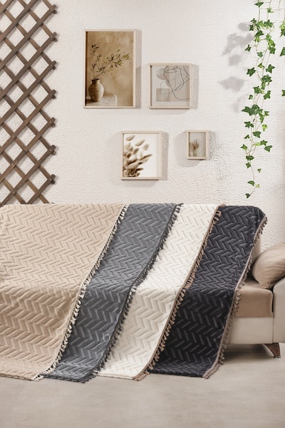 Loselya Tasseled Boho Sofa Cover - Chenille Textured Non-Slip Sofa Throw - Modern Chevron Patterned Cover