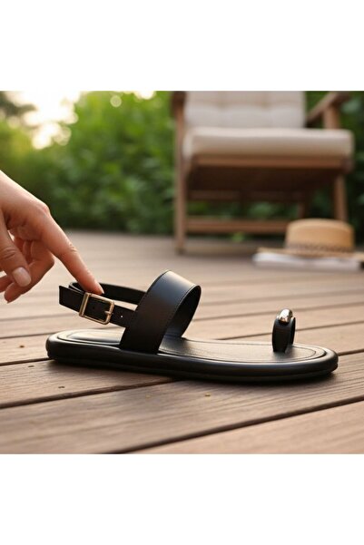 NE&VE SHOES Siyah Hakiki Deri Parmak Arası Arkadan Tokalı Kadın Günlük Sandalet