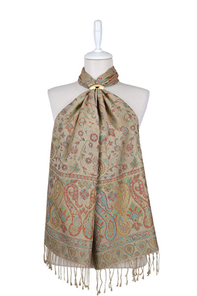Bursa İpek Beige Green Jamawar Woven Silk Scarf
