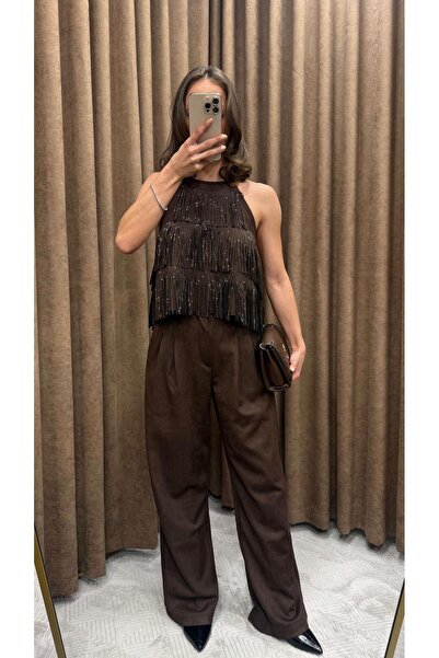 Maysa TAŞLI NUBUK TAKIM-KAHVERENGİ