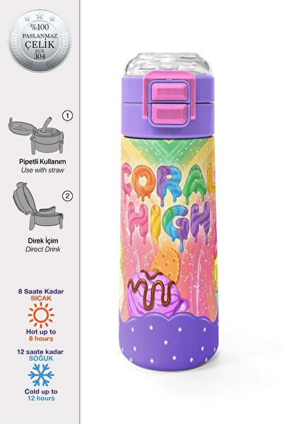 Coral High Kids Milka Ice Cream Patterned Thermos with Straw and Direct Drink...