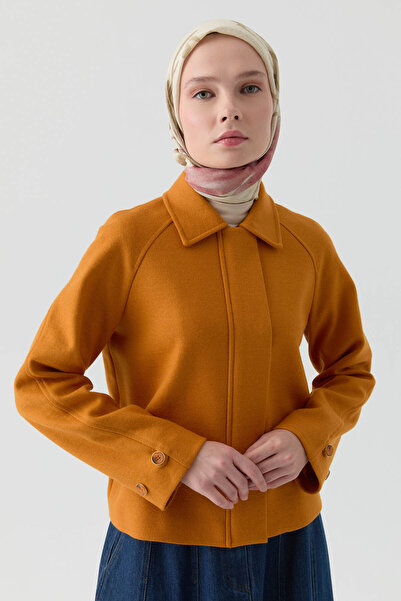 Tuğba Kol Düğmeli Mini Keçe Ceket - Hardal