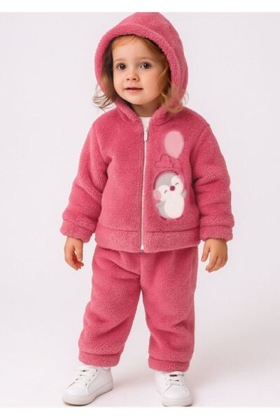 LİLORA Girl's Plush Tracksuit Set Hooded Winter Fleece Set
