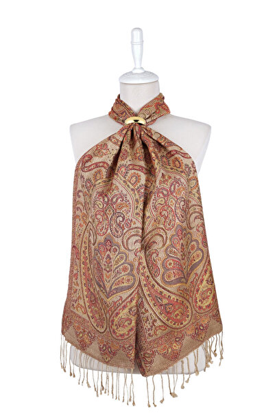 Bursa İpek Beige Red Jamawar Woven Silk Scarf