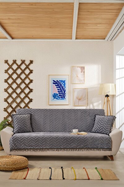 Loselya Tasseled Boho Sofa Cover - Chenille Textured Non-Slip Sofa Throw - Modern Chevron Patterned Cover