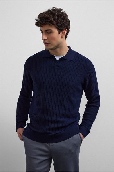 Back And Bond Navy Blue Regular Fit Corded Fabric Knitwear Sweater