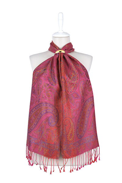 Bursa İpek Fuchsia Yellow Jamawar Woven Silk Scarf