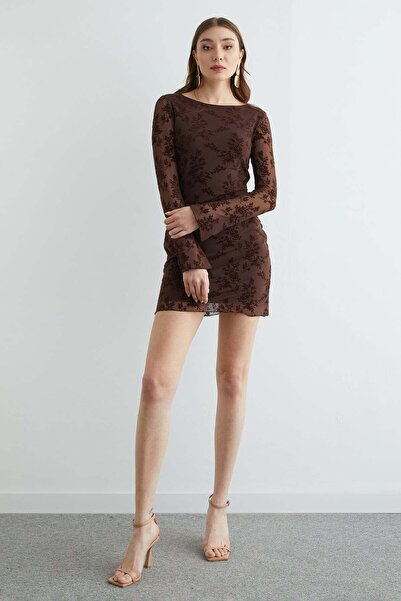 Fulla Moda Velvet Detailed Mini Length Transparent Dress