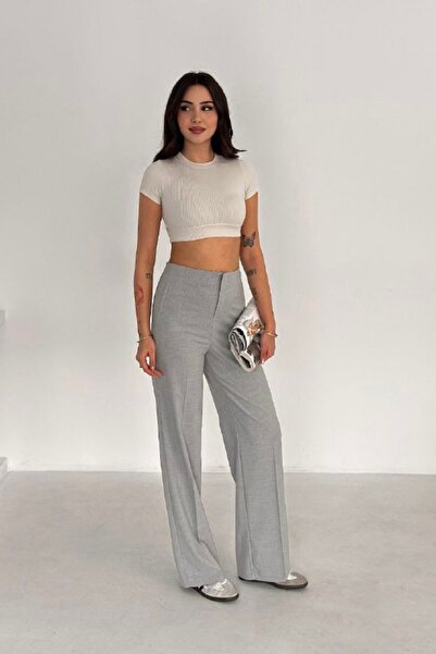 moda poni Women's Gray High Waist Classic Wide Leg Pants