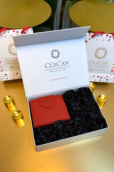 CüzCan صندوق هدايا فاخر - محفظة نسائية من الجلد الطبيعي باللون الأحمر من ميوس...