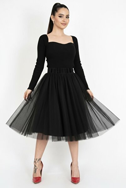 SUNEH Μαύρη 3 στρώσεων 65 εκ. μήκος Χνουδωτή γυναικεία φούστα Tutu Φούστα από...