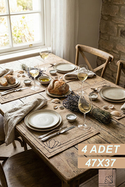 LUXWAY HOME Çiçek Baskılı Doğal Jüt Hasır Amerikan Servis Supla Sofra Sunum M...