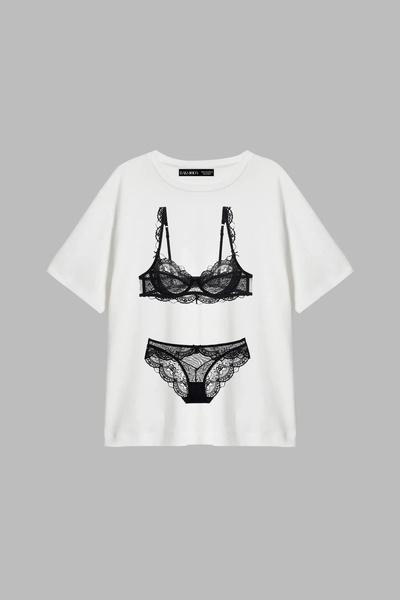 Bak Moda Bra Set Printed Relaxed Fit White Women's Tshirt