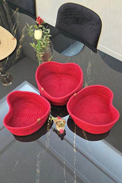 KAAN HOME 3-Piece Red Patterned Handmade Knitted Basket Multi-Purpose Counter...
