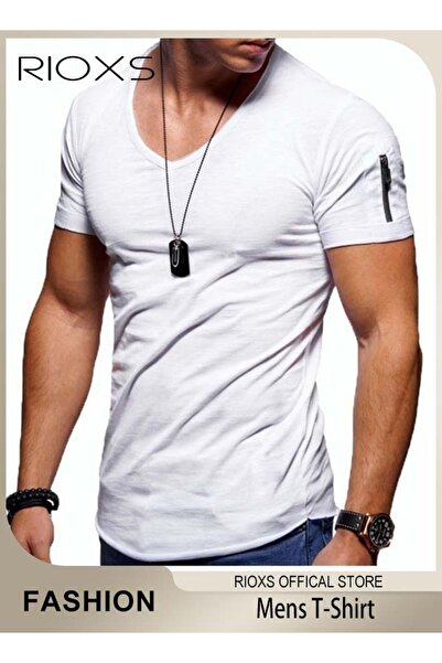 RIOXS Men V-Neck T-Shirt, Casual Basic Shirts, Summer Slim-fit Top, Made of H...