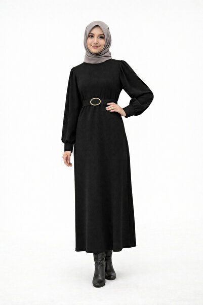 ERVA Kadın Kemerli Fitilli Kumaş Uzun Tesettür Elbise
